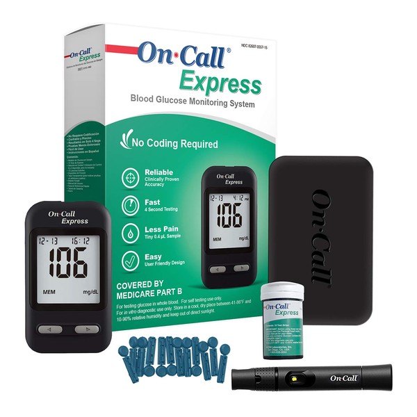 On Call Express Diabetes Testing Kit- Blood Glucose Meter, 10 Blood Test Strips, 1 Lancing Device, 30g Lancets, Control Solution, Carrying Case, Log Book, Black