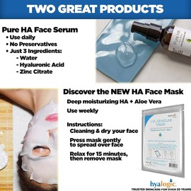 Hyalogic Pure HA Face Serum 1 oz with 1 Hyaluronic Acid Facial Mask - Sensitive Skin - Deep Hydrating, Moisturizing Topical, 1oz Pump - For Women & Men - Rejuvenate & Moisturize