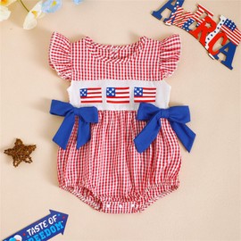 Baby Girl 4th of July Outfit Newborn American Flag Bubble Romper Bowknot Ruffle Bodysuit Smocked Baby Clothes (US Flag Bubble-red, 3-6 Months)