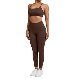 SUUKSESS Women Seamless 2 piece Workout Sets Strappy Padded Sports Bra Booty High Waisted Leggings Outfits (Deep Brown,M)