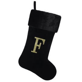 Yehnois - Medias de Navidad con monograma inicial de 20 pulgadas, cuerpo de terciopelo negro de lujo con letra bordada de felpa súper suave, decoración de temporada de día festivo (F)