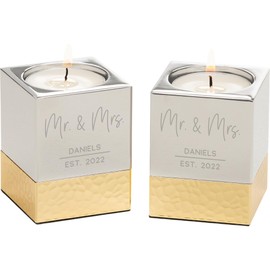 Personalization Universe Modern Wedding Engraved Silver & Gold Hammered Metal Candle Holders