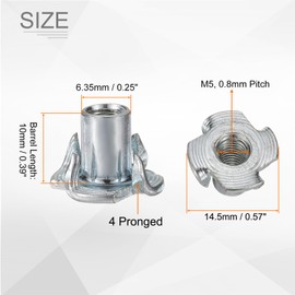 HARFINGTON M5x10mm T-Nuts 4 Pronged Tee Nut 0.57" x 0.39" Fully Thread Carbon Steel Inserts for Wood, Rock Climbing Holds, Cabinetry, Furniture 100pcs