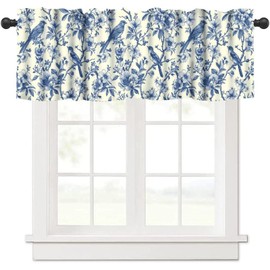 Nsbul Vintage Bird Valance, Blue White Floral Bird Chinoiserie Design Short Window Treatment for Kitchen Cafe Bedroom Living Room, 54x18Inch