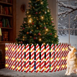 Christmas Tree Fences with LED String Lights 24 x 142 Inch Wooden Christmas Tree Picket Fence Barrier Wood Gate for Pets Dog Cat Xmas Holiday Wedding Home Garden Party Decor(Candy Cane)