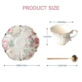 POWDONUNT Vintage Floral Porcelain Tea Cup and Saucer Set with Spoon, Gold Trim, 6.4 oz – Set of 2, Pink – Tea &Espresso & Coffee Cups(2, Pink)