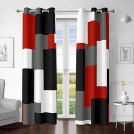 Tyrot Red Black 100% Blackout Curtains for Bedroom 84 inch Length 2 Panels Set White Grey Modern Abstract Geometric Black Out Curtains Insulated Room Darkening Window Drapes for Living Room, 42Wx84L