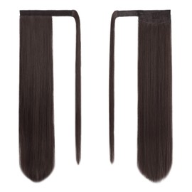 BARSDAR Chocolate Brown Straight Wrap Ponytail Extension - 24 Inch Long Straight Wrap Around Ponytail Hair Extensions for Women, Synthetic Clip in Brown Pony Tails Hairpieces Daily
