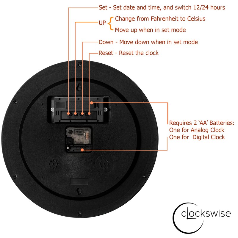 Clockswise 14-inch Wall Clock, Non-Ticking Analog & Digital with Temperature