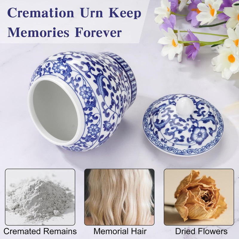 SOITIS Small Urns for Human Ashes, 5.12 Inches Qinghua Porcelain