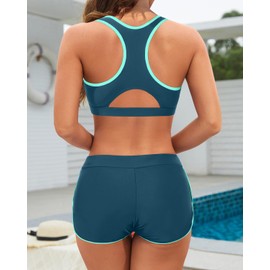 Tempt Me - Traje de baño deportivo de dos piezas para mujer, con espalda cruzada y pantalones cortos, trajes de baño para niñas, Verde Azulado Verde, X-Large