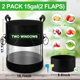 2 Pack 15 Gallon Black Potato Grow Bags with 360° Visible Flap Window,Thickened Potato Planter for Growing Potatoes,320g Heavy Duty Nonwoven Fabric Pots Plant Garden Bags to Grow Vegetables Tomato