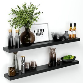 Homeforia Black Floating Shelf 48 Inch, Premium Solid Wood Long Black Shelves for Walls, 48 Inch Bathroom Shelf, Heavy Duty Bracket, 48 X 6.5 X 1.75 Inch, Set of 2