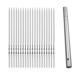Eabdice Pack of 20 Stainless Steel Barbecue Skewers, Kebab Skewers, Stainless Steel Barbecue Skewers with Storage Tube, for Meat and Vegetables, Sturdy, Long Flat