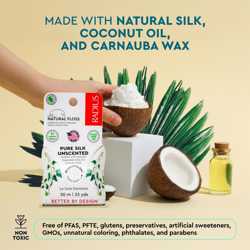 RADIUS Dental Floss, Natural Floss, Unscented Silk, 33 Yards, Compostable