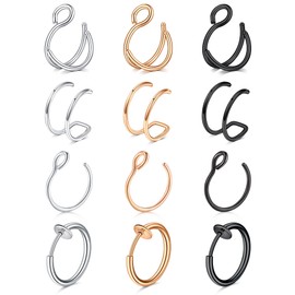 Mayhoop Fake Nose Ring Faux Nose Ring Fake Nose Ring Hoop Double Fake Nose Ring Fake Nose Piercing for Women Men Silver Rose Gold Black