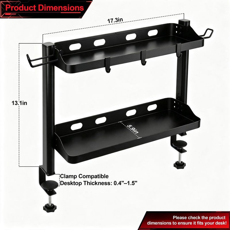 Clamp On Desk Shelf Organizer, 2-Tier Storage with Hooks