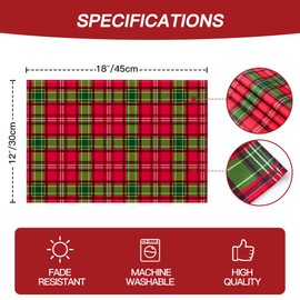 Ohok Christmas Place Mats Washable Set of 4 Polyester Linen Place Mats 30 x 45 cm, Christmas Table Coasters Place Mats for Kitchen Dining Table Hotel Christmas Table Decoration (Red/Green Plaid)