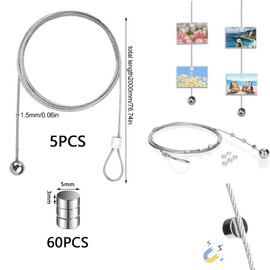 Pack of 5 Photo Wire Ropes, Photo Chain with 60 Button Magnets for Hanging Photos Picture Hanging Rope 2 m x 1.5 mm Photo Chain Steel Rope with Eyelets and Hooks Ideal for Hanging Photos and