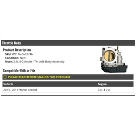 Throttle Body - Compatible with 2013-2017 Honda Accord 2.4L 4-Cylinder