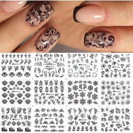 Black Flower Nail Art Stickers 3D Self Adhesive Nail Decals Retro Flower Vine Leaves Pattern Nail Stickers for Women Nails Manicure Decoration 12 Style