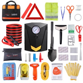 Vetoos Car Roadside Emergency Kit with Jumper Cables, Auto Vehicle Safety Road Side Assistance Kits, Winter Car Kit Essentials for Women and Men, with Portable Air Compressor, Folding Survival Shovel