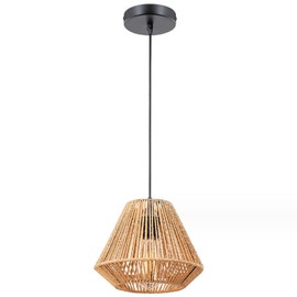 LIGKIN Rattan Boho Ø24cm Vintage Hand Woven Pendant Light E27 Rhombus Hanging Height Adjustable Lampshade Industrial Boho Rustic Chandelier for Bedroom Living Room