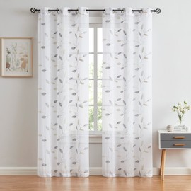 Bujasso Floral Sheer Curtains Gray and Beige Embroidered Farmhouse Light Filtering Window Treatment Set Silver Metallic Botanical Sheer Drapes 95 inch for Living Room Bedroom Grommet Top 38" Wx96 Lx2