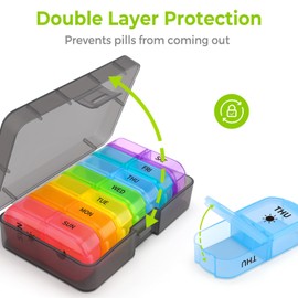 Opret Pill Organiser 7 Day, Weekly Pill Box 2 Times a Day for AM PM, Travel Tablet Organiser with 14 Large Compartments, for Vitamins Supplements Medication (Rainbow)