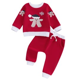 MAHUAOYIXI Toddler Boys Girls Christmas Outfits Gingerbread Man Print Long Sleeve Sweatshirts with Drawstring Pants 2Pcs Tracksuits Baby Boys Christmas Clothes (Red, 0-6 Months)