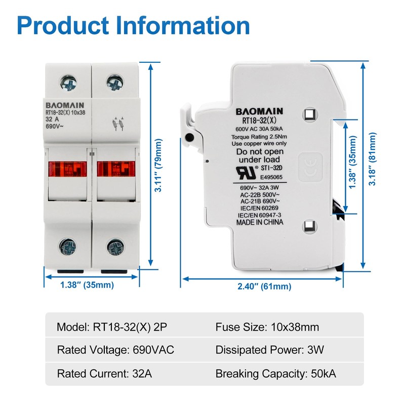 BAOMAIN 2 Pole DIN Rail Fuse Holder, 32A 690V AC