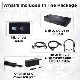 D3100 Dell Dock USB 3.0 Ultra HD/4K Triple Display - 1 Year Warranty with 65W Power Adapter + HDMI Cable + Display Port Cable + USB 3.0 Cable + Microfiber Cloth Included (Renewed)