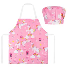 ABOHU Kids Apron and Chef Hat Set, Adjustable Chef Art Children Apron with Pocket, Cute Cartoon Style, for Cooking, Baking, Painting