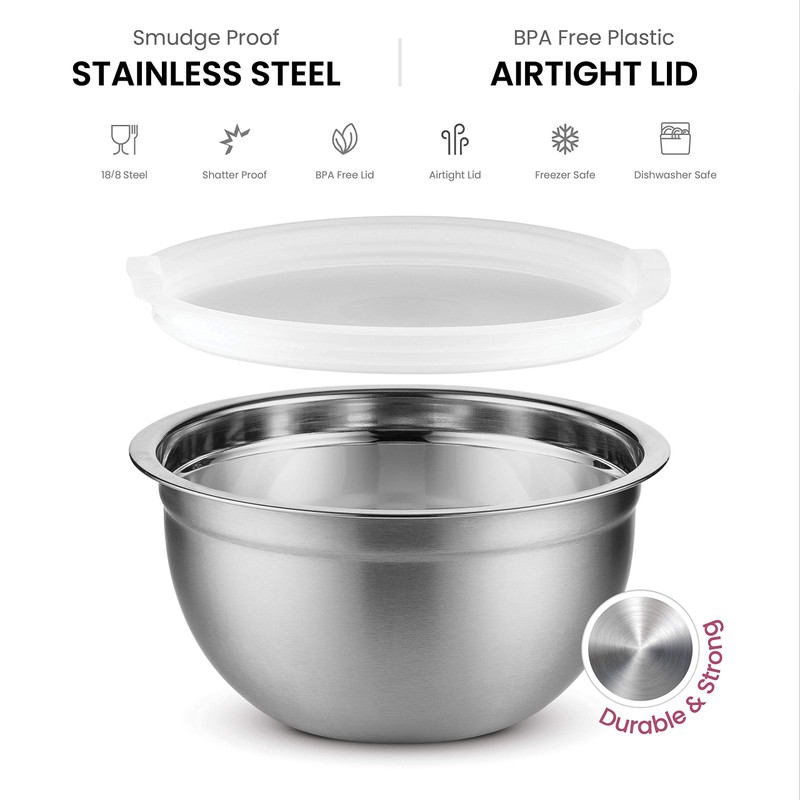 FineDine Stainless Steel Mixing Bowls Set with Lids, Home Kitchen