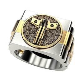 DOCCESTU Pistol Ring Men's Stainless Steel Gold Plated Punk Double Gun Vintage Ring Military Ring Hip-hop Motorcycle Ring Men's Stamp Ring Pistol Ring (Size 12)