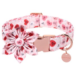 DOGWONG Valentine's Dog Collar with Flower, Adjustable Pink Heart, 100% Natural Cotton, Small Medium Dogs