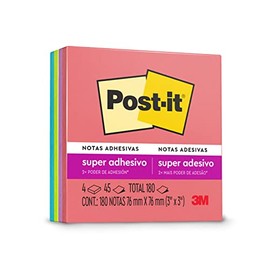 Post-it Notas Súper Adhesivas, Doble poder de adhesión, Colores Neón, 7.6cm x 7.6 cm, 4 pads, 45 hojas por pad