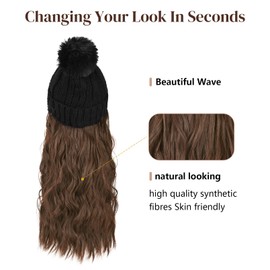 Flufymooz FLmaozi Beanie Wig, Hat Hair Extension Long Wavy Curly Black Hat Wig with Faux Fur Pom Hat, wig hat Attached 20 Inch Synthetic Hairpiece for Women Girls Winter （Brown with Medium Auburn）