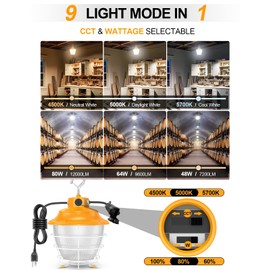 OPENLUX LED Temporary Work Light 80W 64W 48W Tunable 4500K 5000K 5700K Tunable 12000LM Portable Hanging Linkable Construction Light ETL DLC Listed with ON/Off Button for Job Site, Workshop