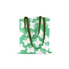 Le Jardin du Lin Printed Shopping Bag with Green Long Handles, Reusable Bag, Foldable, Fabric Bag, Size: 34 x 40 cm