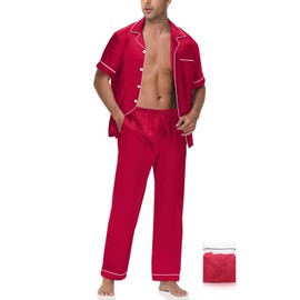 YOPUGEE Mens Satin Silky Pajama Set Short Sleeve Classic Sleepwear Button Down Loungewear with Long Pants Red S