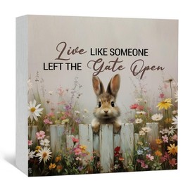 Nitelat Rustic Farmhouse Easter Bunny Wooden Box Signs, Bunny Gifts, Live Like Someone Left the Gate Open Floral Rabbit Wood Sign Home Decor for Room Bedroom Office Desk Table Shelf 5x5 Inch