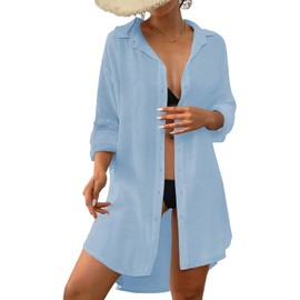 Tanmolo Women's Beach Dress Bikini Cover Up Summer Beach Blouse Beach Shirt V-Neck Beach Poncho Swimwear Beach Cover Up Shirt, Light blue-s89