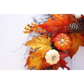 Abbie Home 22" Harvest Fall Wreath - Pumpkin Maple Wreaths, Pinecone Cotton Berries Grapevine Twig Wreath for Fall Thanksgiving Front Door Mantel Window Seasonal Wall Home Decoration