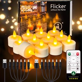 HL Flameless Candles with Remote Timer, 12pcs 50+Hours Rechargeable Battery Operated Tea Lights Candles, LED Votive Tea Lights Candles Yellow Flickering Light for Centerpiece Wedding Home Party Decor