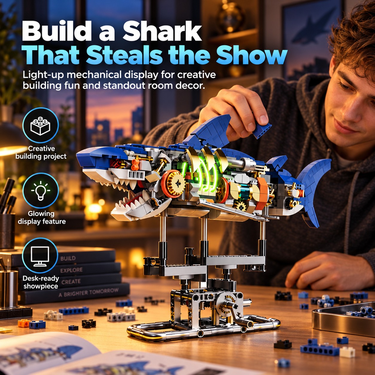 Mechanical Shark Building Set for Creative Play – 687-Piece Light-Up Moving Model with Gear-Driven Display Base