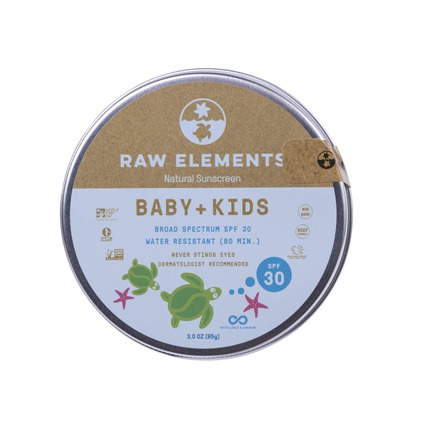 Raw Elements Baby + Kids SPF 30 Organic Sunscreen Lotion Non-Nano Zinc Oxide, Reef-Safe, Cruelty-Free, Gentle and Moisturizing, Zero Waste Tin, 3oz