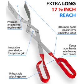 Grill Tongs: Shark BBQ 17.5" Stainless Steel Extra Long Grilling Tongs with Scissor Grip, Heavy Duty Spatula Tong for Cooking, Kitchen & Outdoor Barbecue - Ultimate Grilling Accessories, Red