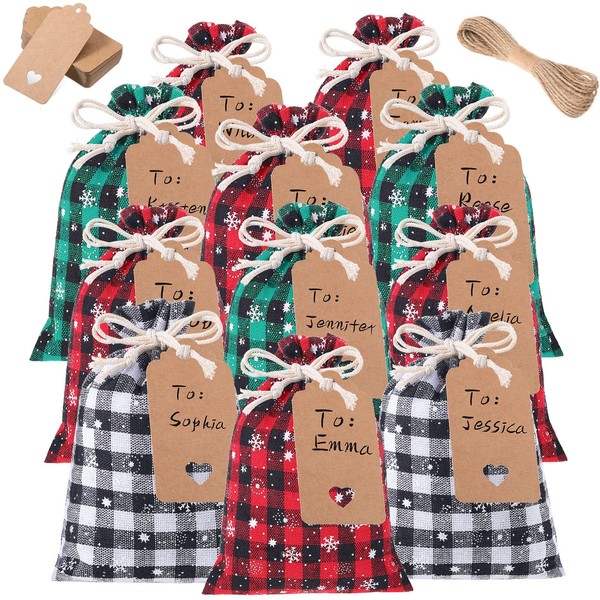 48 Pcs Christmas Drawstring Bags Xmas Buffalo Plaid Burlap Candy Bags Linen Treat Bags Holiday Party Favor Christmas Sack Sachet Bag with Cards and Rope (Black, Red, White, Green,7 x 5 Inch)