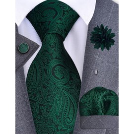 Gusleson Emerald Green Tie for Men Paisley Wedding Silk Necktie Pocket Square Cufflinks and Lapel Pin Brooch Set (UK6103-13)